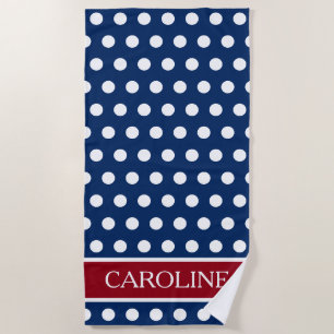 Serviette De Plage Pointe Polka rouge blanc et bleu personnalisé