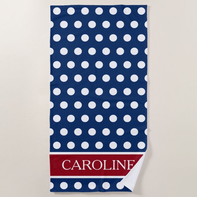 Serviette De Plage Pointe Polka rouge blanc et bleu personnalisé (Devant)