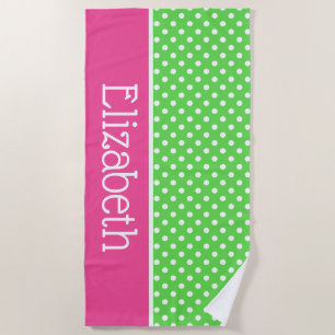 Serviette De Plage Pointe Polka verte et blanche avec rose personnali