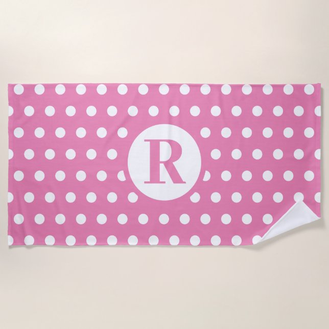 Serviette De Plage Pois blanc Monogramme initial bébé rose mignonne (Devant)