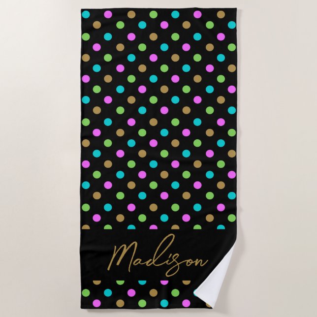 Serviette De Plage Pois chics modernes personnalisées Noir & Or (Devant)