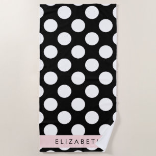 Serviette De Plage Pois noirs et blancs, pointillés, Votre nom