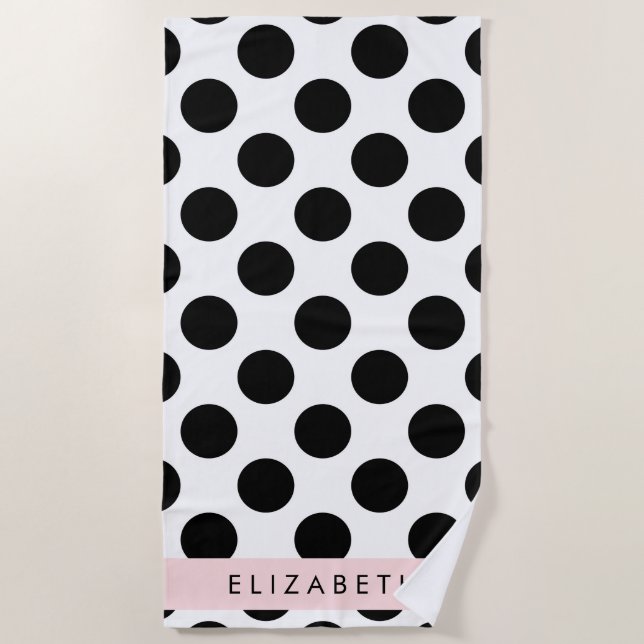 Serviette De Plage Pois noirs et blancs, pointillés, Votre nom (Devant)
