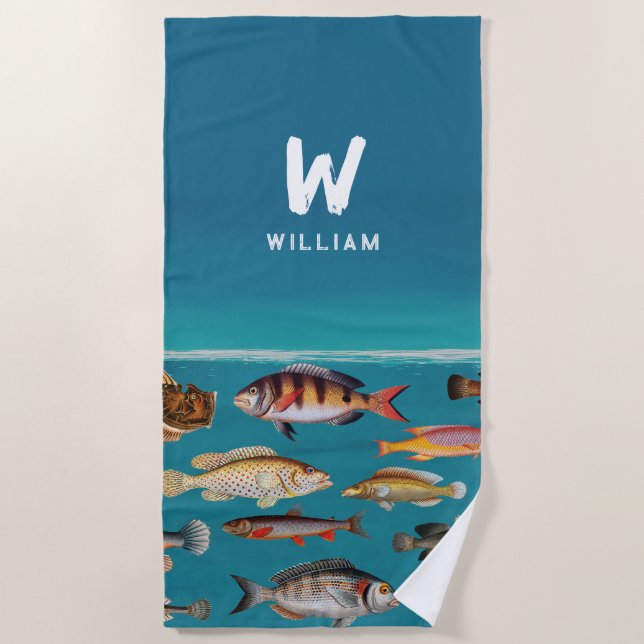 Serviette De Plage Poisson Monogramme Sous Océan Bleu (Devant)
