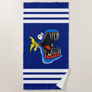 Serviette De Plage Poisson Piranha Bleu sur Rayures Bleu Marine et Bl