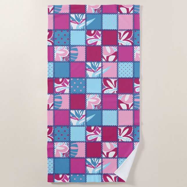 Serviette De Plage Pokii Hawaiian Floral et Patchwork Dot rose (Devant)