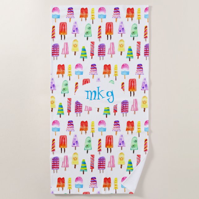 Serviette De Plage Popsicles Aquarelle Lumineuse Monogram Beach Towne (Devant)