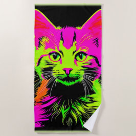 Serviette De Plage Portrait de chat de Neon