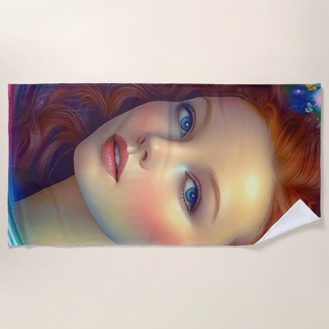 Serviette De Plage Portrait de cheveux arc-en-ciel enchanté (Devant)