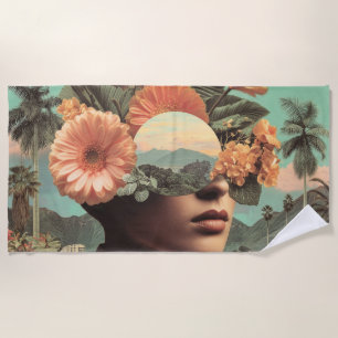 Serviette De Plage Portrait Féminin Surréaliste avec Éléments Floraux