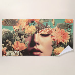 Serviette De Plage Portrait sous-marin surréaliste avec fleurs de cor