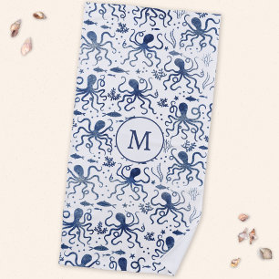 Serviette De Plage Poulpe aquarelle bleu marine monogrammé sous-marin