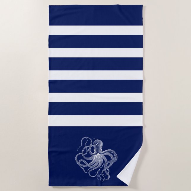Serviette De Plage poulpe blanche à rayures bleues et blanches (Devant)