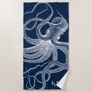 Serviette De Plage poulpe blanche sur un arrière - plan bleu