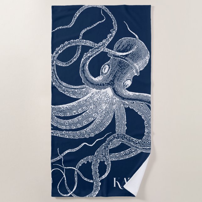 Serviette De Plage poulpe blanche sur un arrière - plan bleu (Devant)