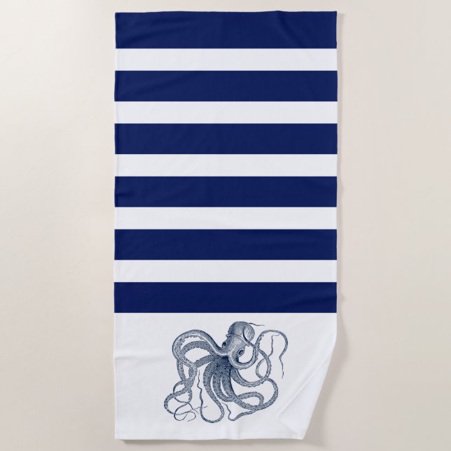 Serviette De Plage poulpe bleue à rayures blanches et bleues (Devant)