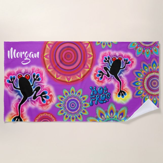 Serviette De Plage Pourpre chaud psychédélique de surf de grenouille (Devant)