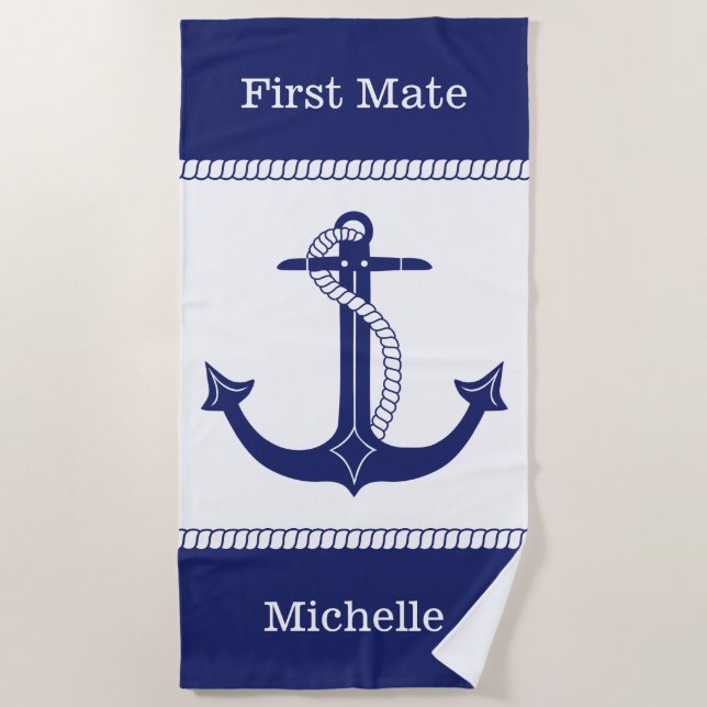 Serviette De Plage Première Ancre nautique Mate Ajouter un nom (Devant)