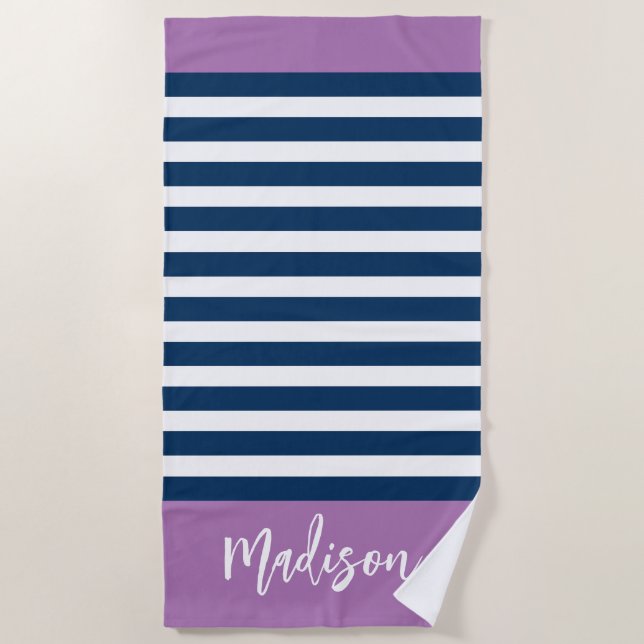 Serviette De Plage Preppy Nautical Striment Marine Purple Calligraphy (Devant)