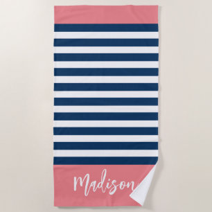 Serviette De Plage Preppy Nautical Stripe Navy Calligraphie rose
