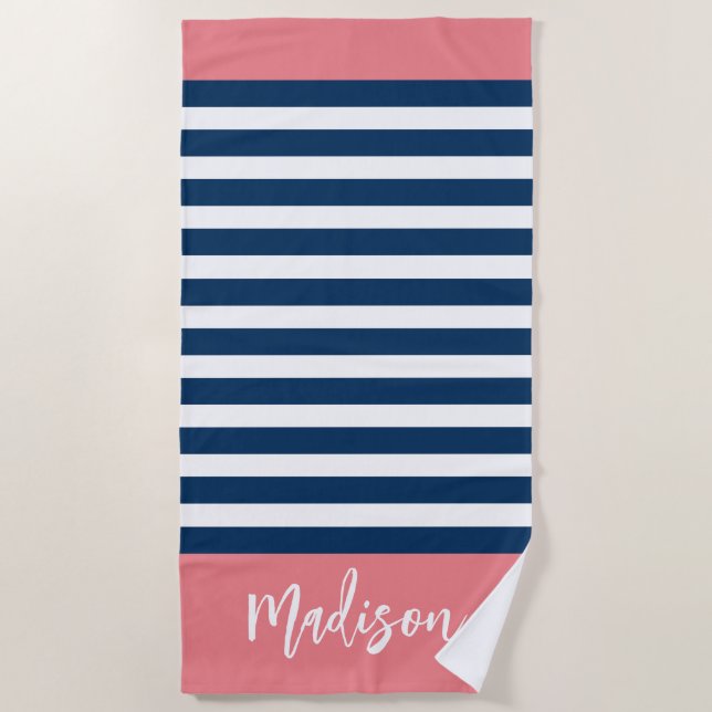 Serviette De Plage Preppy Nautical Stripe Navy Calligraphie rose (Devant)