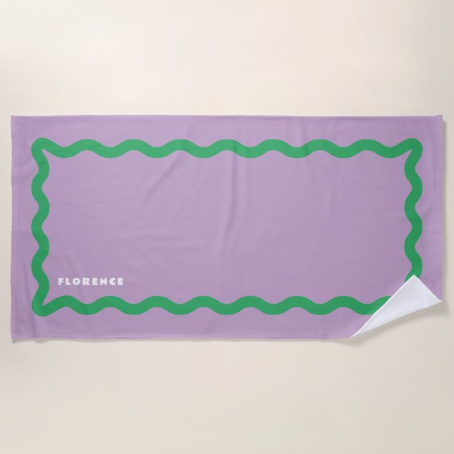 Serviette De Plage Purple et vert Squiger avec du texte (Devant)
