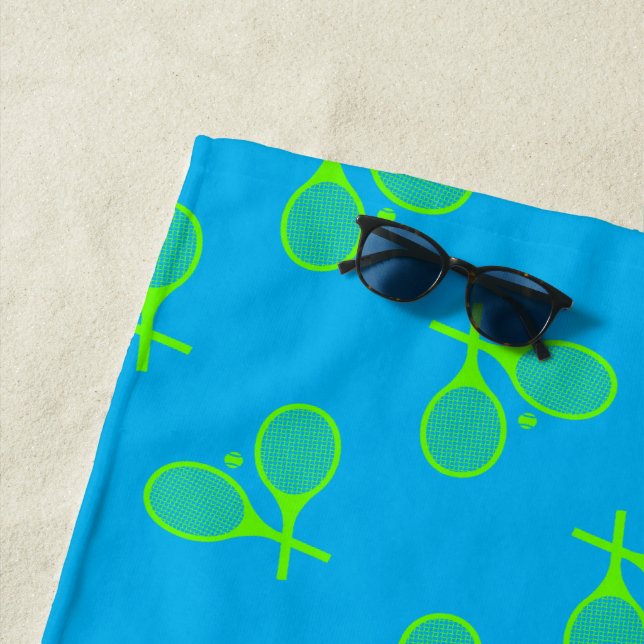 Serviette De Plage Raquettes de tennis vert néon fluorescent rétro (En situation)