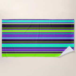 Serviette de plage rayée violet, aqua et chartreus
