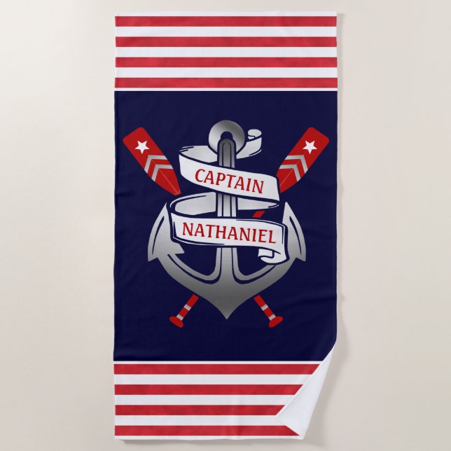 Serviette De Plage Rayure nautique de rouge de marine de capitaine (Devant)