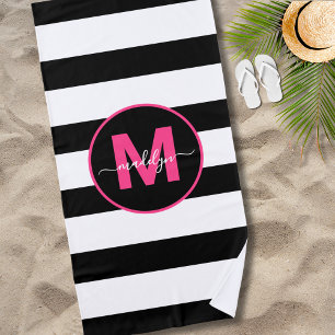 Serviette De Plage Rayure Noir Blanc Monogramme Rose Chaud Nom