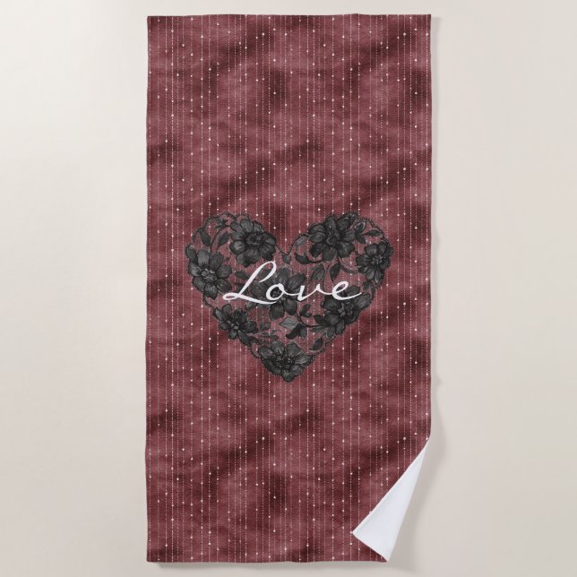 Serviette De Plage Rayures Bourgogne Noir Faux Dentelle Floral Coeur  (Devant)
