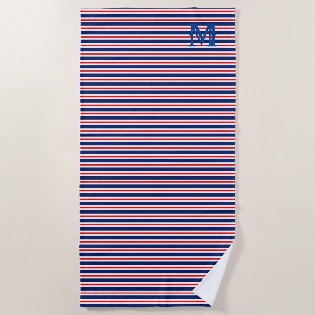 Serviette De Plage Rayures d'été Monogramme Océan (Devant)