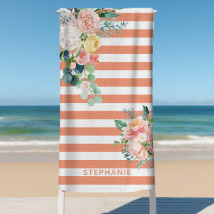 Serviette De Plage Rayures Nautiques Floral Aquarelle Corail Nom