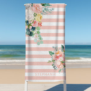 Serviette De Plage Rayures Nautiques Floral Aquarelle Rose Nom
