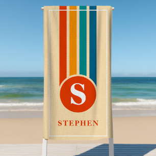 Serviette De Plage Rayures Rétro Monogramme Orange Nom Personnalisé