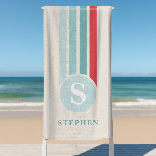 Serviette De Plage Rayures Rétro Rouge Et Bleu Monogramme Nom