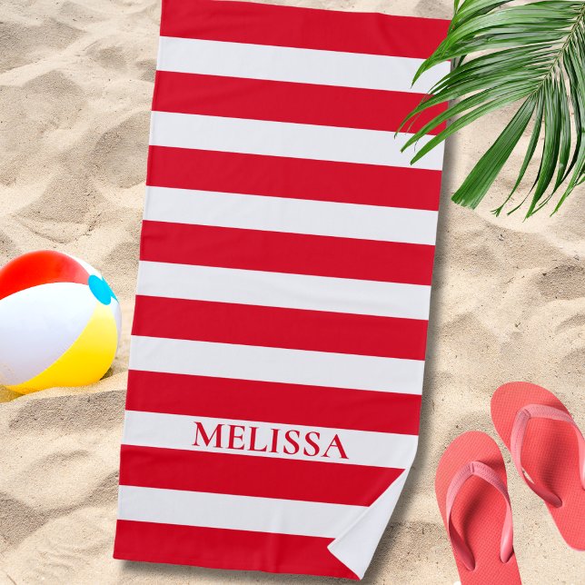 Serviette De Plage  Red And White Striped Name Cabana Stripe  (Créateur téléchargé)