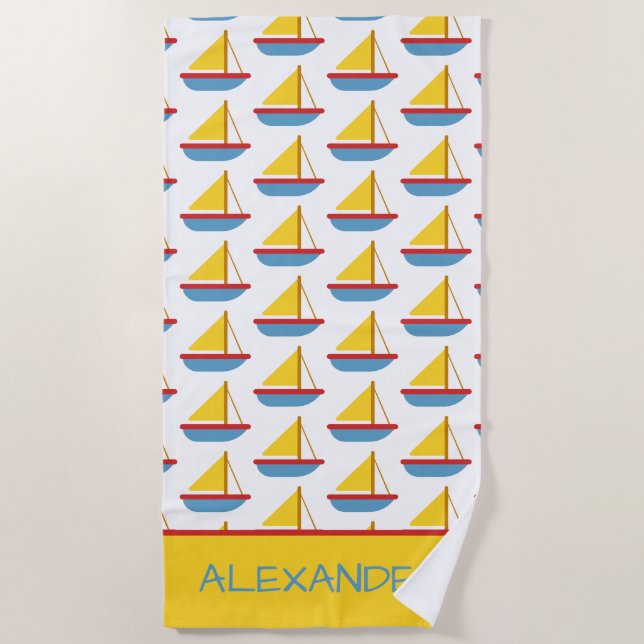 Serviette De Plage Red Blue and Yellow Toy Sailboat Personalized (Devant)