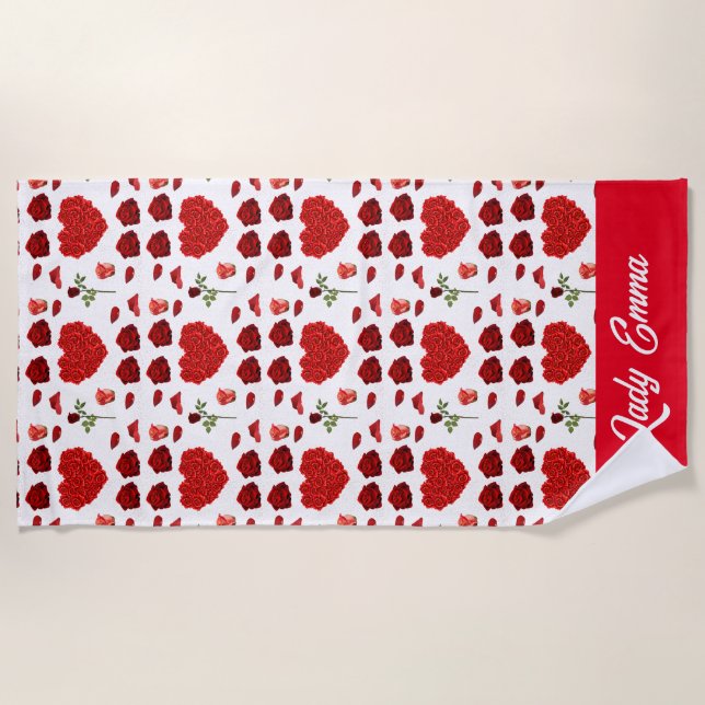 Serviette De Plage Red heart red flowers garden chic floral foliage (Devant)