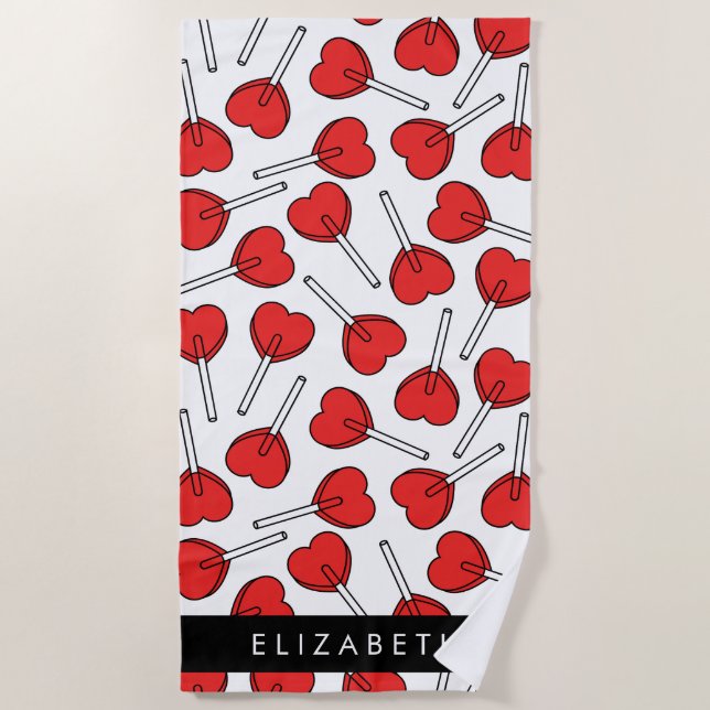 Serviette De Plage Red Lollipops, Heart Lollipops, Lolly, Your Name (Devant)