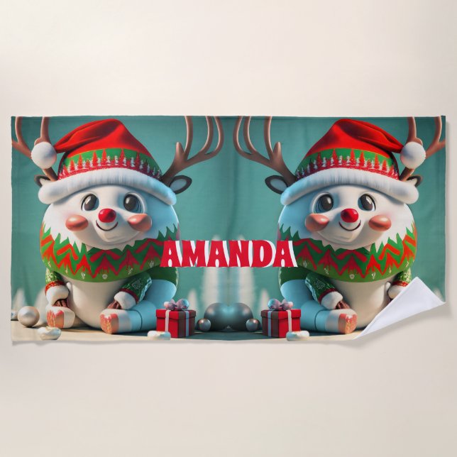 Serviette De Plage Reindeer Joyeux Noël Personnalisé Enfants (Devant)