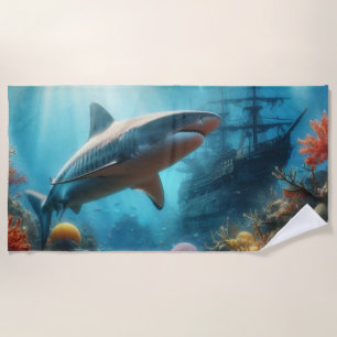 Serviette De Plage Requin tigre côtier/nautique & récif corallien