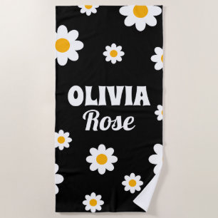Serviette De Plage Retro Black Daisy 70's Hippie Nom personnalisé