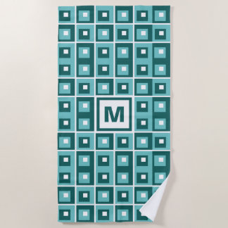 Serviette De Plage Retro Blue Geometric Squares Pattern Monogram