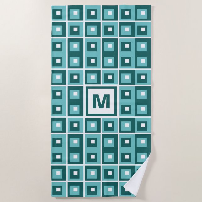 Serviette De Plage Retro Blue Geometric Squares Pattern Monogram (Devant)