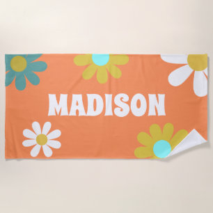 Serviette De Plage Retro Daisy Orange Turquoise Blanc Jaune Personnal
