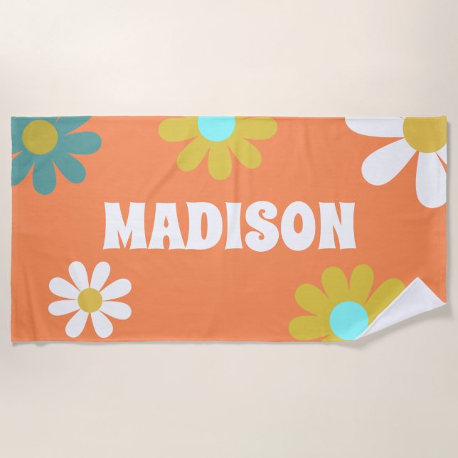 Serviette De Plage Retro Daisy Orange Turquoise Blanc Jaune Personnal (Devant)