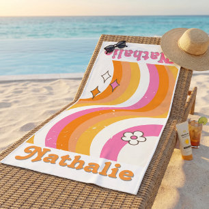 Serviette De Plage Rétro Funky Coloré Vintage Nom Personnalisé Femmes
