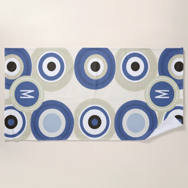 Serviette de plage rétro moderne Monogram Evil Eye (Devant)