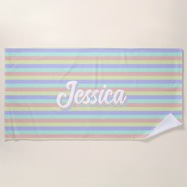Serviette De Plage Retro Pastel Stripes Nom personnalisé (Devant)